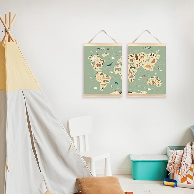 CGBHW World Map Poster Hanger Frame Set of 2, Cute Animal Educational Learning Tool Posters Wall Art Hanging Decor for Kids Room Nursery Classroom Home School Playroom Homeschool, 12x16