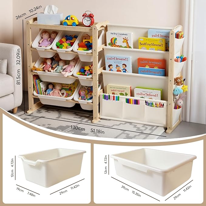 Fodoss Book Shelf for Kids Rooms - Kids Bookshelf with 7 Bins, Baby Bookcase with Solid Wood, Side Storage Pockets, Playroom Room, Large Toy Storage for Nursery, Natural Pine