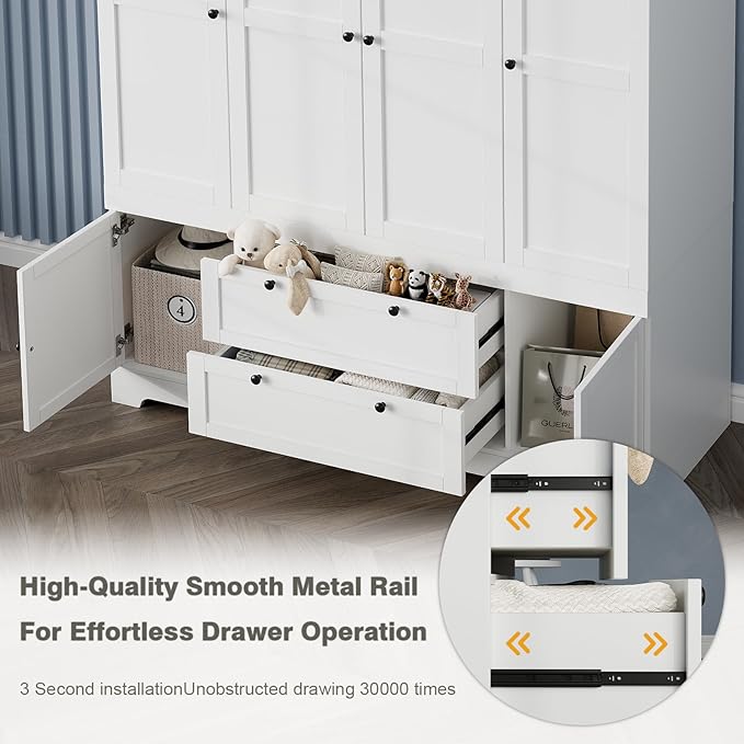 8 Door Large Wardrobe Closet 71" Tall White Wooden Freestanding Storage Armoire – Oversize Capacity Modular Cabinet with Drawers, Space-Saving Durable Design for Bedroom & Closet Organization