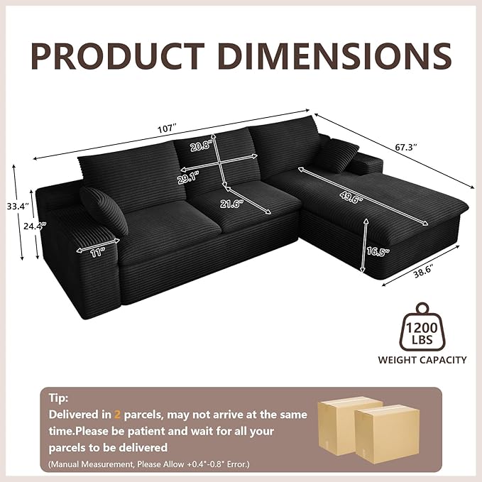 Cloud Sectional Couch,107 Inch Modular Sectional Sofa with Deep Seat, Modern Corduroy Boneless Couches with L-Shape Chaise for Living Room Bedroom, No Assembly Required (Black, Right Facing Chaise)