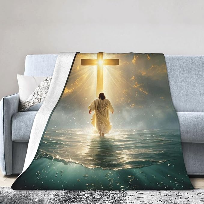 Jesus Christian Throw Blanket Jesus Walking on Water Fleece Blanket Christ Cross Religious Soft Cozy Fuzzy Plush Warm Stuff Bedding Blankets Gifts for Boys Girls Kids Adult Men Women 50"X60"