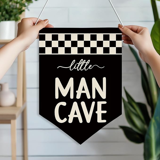 Little Man Cave Wall Banner for Boys Room – Black & White Checkered Canvas Wall Hanging Sign for Kids Playroom, Toddler Bedroom Decor, Cool Poster Gift for Son or Grandson 11x16 inch(KD25)