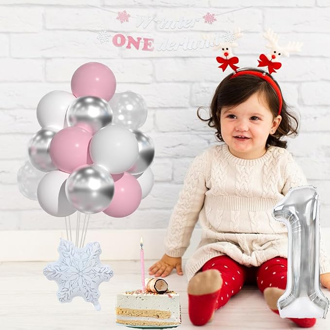 First Birthday Decorations For Girl-Girl Winter Onederland 1st Birthday, Pink White Snowflake Balloons, 40 Inch Silver 1 Balloon And Winter Onederland Banner For Baby Girl 1st BD Decorations