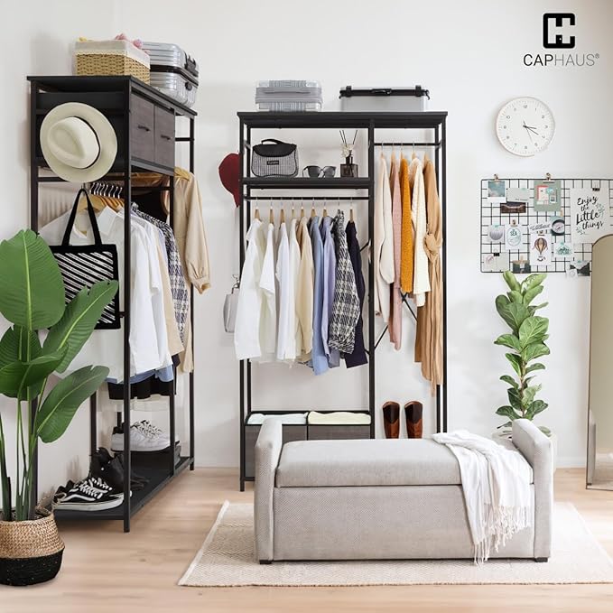 CAPHAUS 550lbs Capacity Garment Rack for Hanging Clothes, Heavy Duty Metal Open Wardrobe w/Hanging Rods & Drawers, Free Standing Closet Organizer, Metal Closet w/Wooden Boards, Black Vintage Board