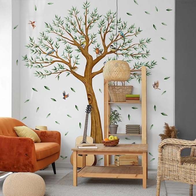 Large Tree Wall Decal with Birds, Green Leaves Tree Wall Stickers for Living Room Nursery Wall Decor 84.66x64.87 inches