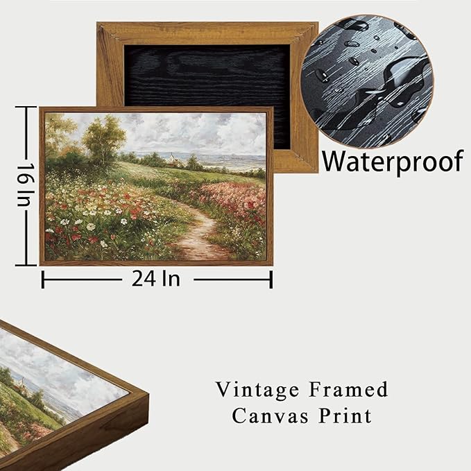 OIQArtOIQ Vintage Landscape Framed Wall Art Summer Countryside Wildflower Field Path Canvas Art Prints Farmhouse Cottagecore Pictures Wall Decor Rustic Meadow Paintings Artwork For Kitchen Bedroom