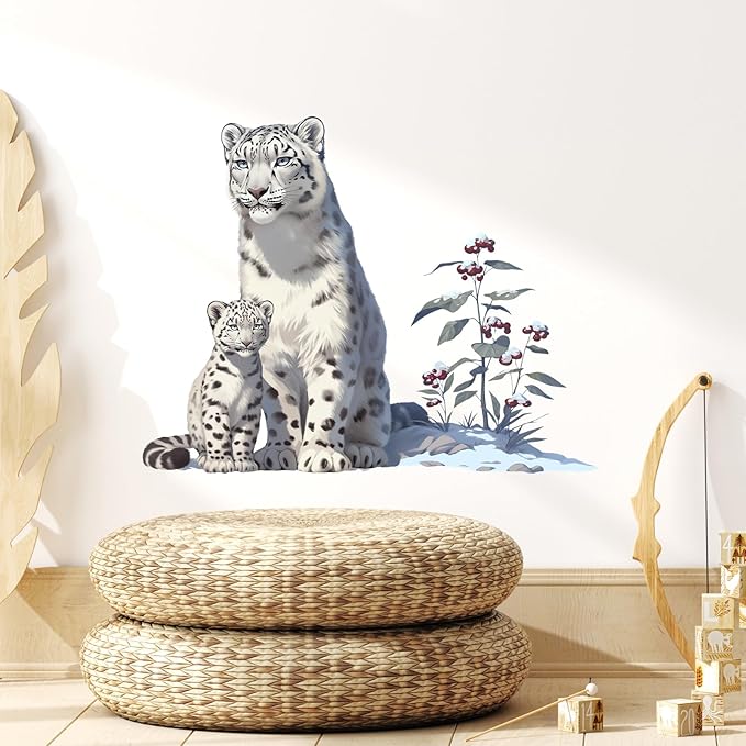 Cute Snow Leopard with Cub On The Snow Wall Decal Nursery Animal Wall Sticker Removable Peel and Stick Wall Art Decor for Kid Baby Classroom Preschool Living Room Playroom Bedroom School