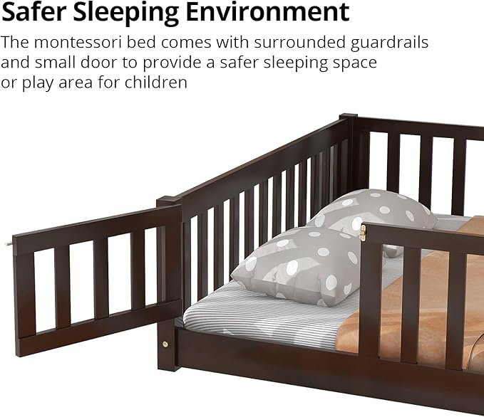 i-POOK Full Floor Bed for Children, Sturdy Wood Montessori Bed Frame with Wood Slats, Fence & Door for Girls and Boys, Espresso (with Bed Slats)