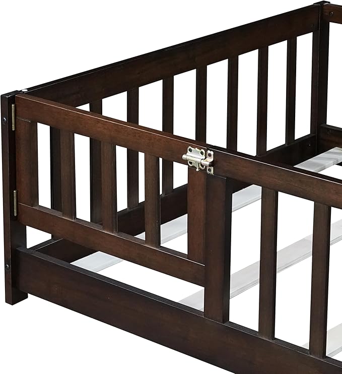 Bellemave Twin Size Floor Bed for Kids, Girls, Boys, Rubber Wood Floor Bed with slats and Door, Espresso