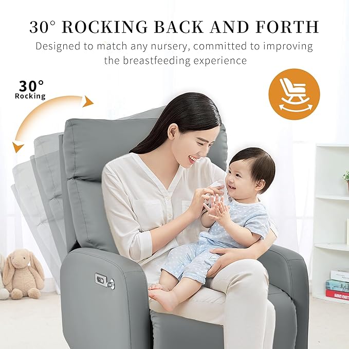 Power Swivel Rocker Recliner Chair for Nursery, Upholstered 270° Swivel Glider Chair with Phone Holder, USB Ports, Power Recliners for Small Spaces Living Room, Grey