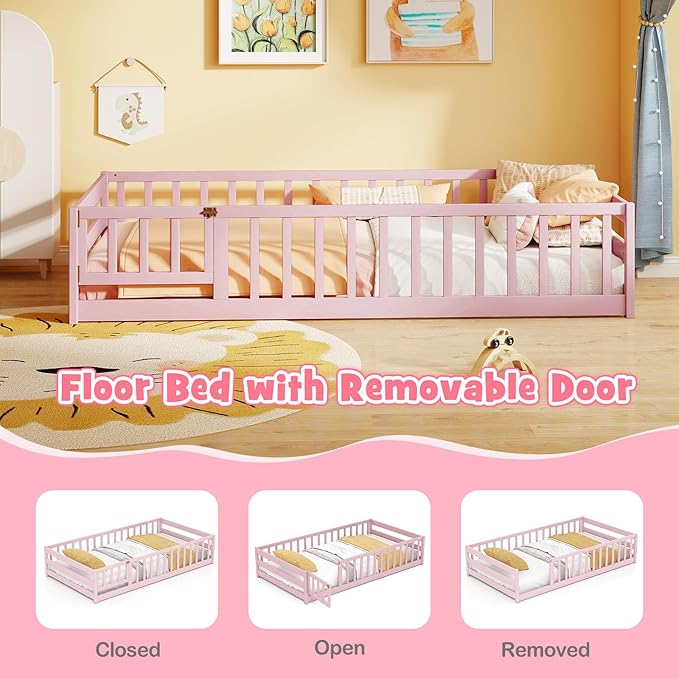 KOMFOTT Twin Size Wood Floor Bed with Door & Fence, Montessori Bed Frame with Full Length Safety Guardrails, Door & Latch, Wooden Montessori Floor Bed for Kids, Girls, Boys (Twin,Pink)