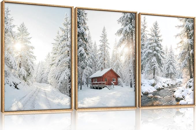 FWIEXA Christmas Winter Canvas Wall Art Set 3, Red Cabin Snowy Forest Framed Prints, Pine Tree Stream Landscape Paintings, 24x36In Country Barn Artwork for Holiday,Gift,Living Room,Bedroom,Farmhouse