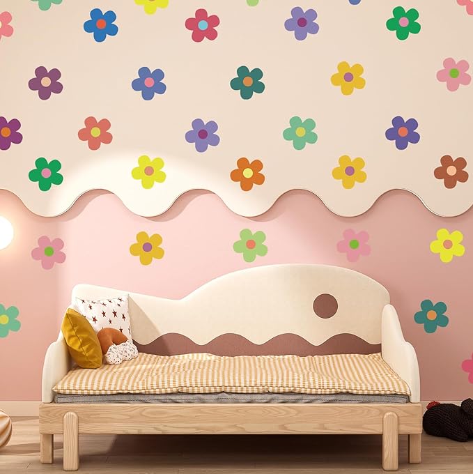 12 Sheets Daisy Wall Decals, Bright Colors Floral Wall Decor, Daisy Flower Walls Art Stickers for Kids Girls Nursery Bedroom Living Room, Vinyl Peel and Stick