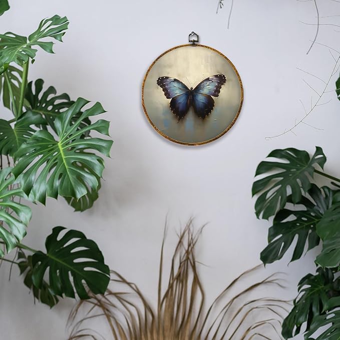 Hiuwevt Vintage Moody Purple Butterfly Round Wall Art Decor, Retro Rustic Butterfly Framed Canvas Prints, Cottagecore Insect Round Wall Hanging Decor for Home Bedroom Decorations, 10x10 Inches