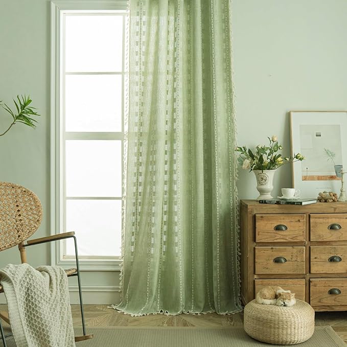 Deeprove Boho Curtain 63 inches Length for Living Room Bedroom Nursery, Retro Casual Bohemian Sheer 63 inches Long Stripe Embroidery Privacy Window Tassel Xmas Decor W52 x L63, 1 Panel Sage Green