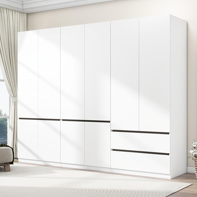 Armoire Wardrobe Closet with Drawers：75" Large White Wardrobe Closet Cabinet with 6 Doors for Hanging Clothes, Modern Wooden Bedroom Armoires with 2 Drawers and Storage(C+A+C, 94.5")