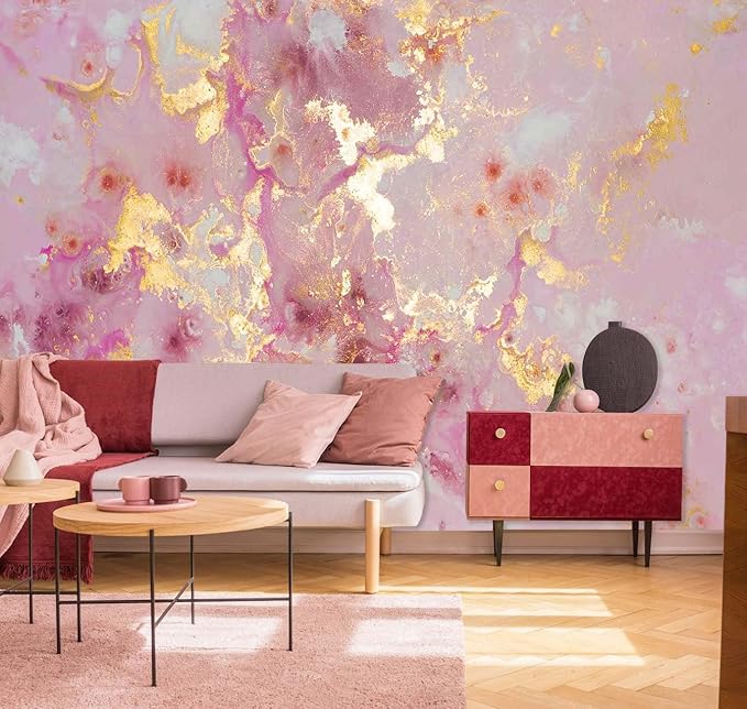 Pink Marble Wallpaper Mural Abstract Gold Gilt Large Art Wall Mural for Bedroom Livingroom(Not Self-Adhesive)