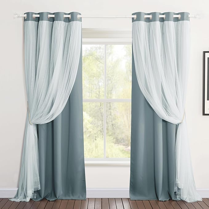 PONY DANCE Blackout Curtains Double Layer Curtains 84 Inches Long with White Sheer Elegance Grommet Window Panels for Girls Kids Room Darkening with Extra Tie-Backs (52x84, Shadow Blue, 2 PCs)