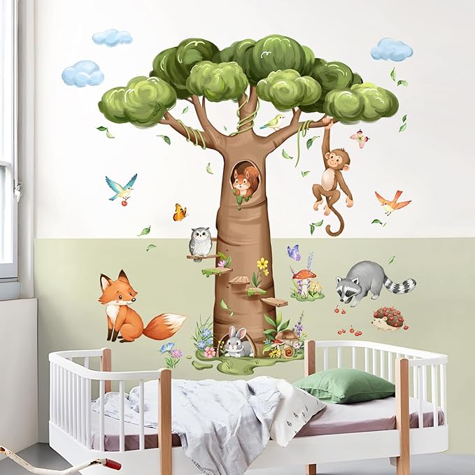 Tanlaby Woodland Animal Tree Wall Decals Rabbit Fox Monkey Baobab Tree Wall Stickers Peel and Stick Art Decor for Baby Nursery Kids Bedroom Toddler Room Decor