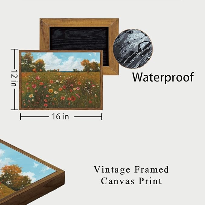 OIQArtOIQ Vintage Landscape Framed Wall Art Fall Countryside Colorful Wildflower Field Canvas Art Prints Farmhouse Cottagecore Pictures Wall Decor Rustic Meadow Paintings Artwork For Kitchen Bedroom