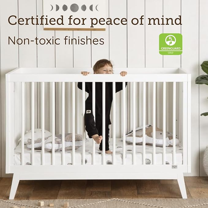 dadada Baby Soho 3 in 1 Convertible Wooden Crib to Toddler Bed - Made in Italy, GREENGUARD Gold Certified, Baby-Safe Finish, Sustainable Beech Wood, Modern Design, 3 Adjustable Heights (White)