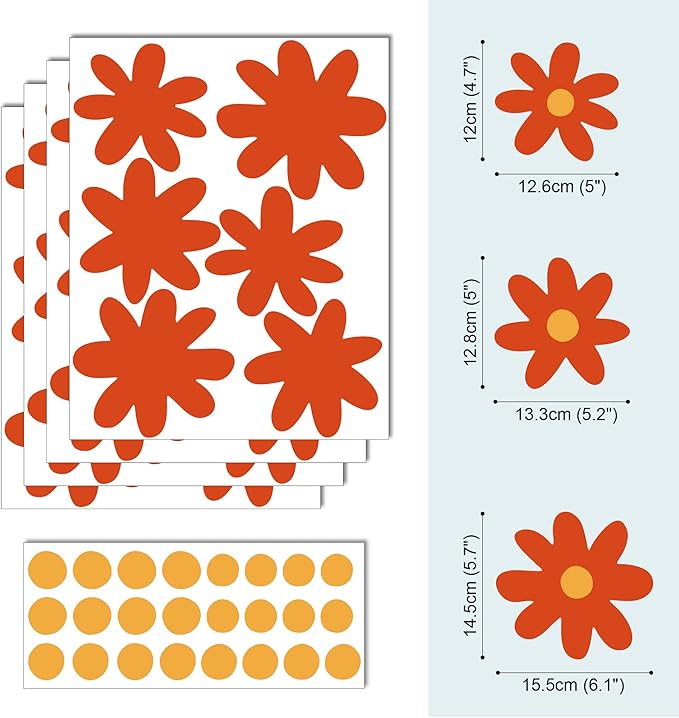 A Room with Flower Vinyl Daisy Wall Decals, Peel and Stick Floral Stickers for Nursery, Kids Bedroom Livingroom Home Wall Art Decor-Burnt Orange
