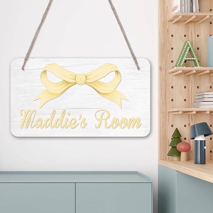 Personalized Yellow Bow Kids Room Door Sign Custom Name Girls Boys Bedroom Decor Toddler Baby Nursery Wood Art Wall Plaque 12x6 Inches