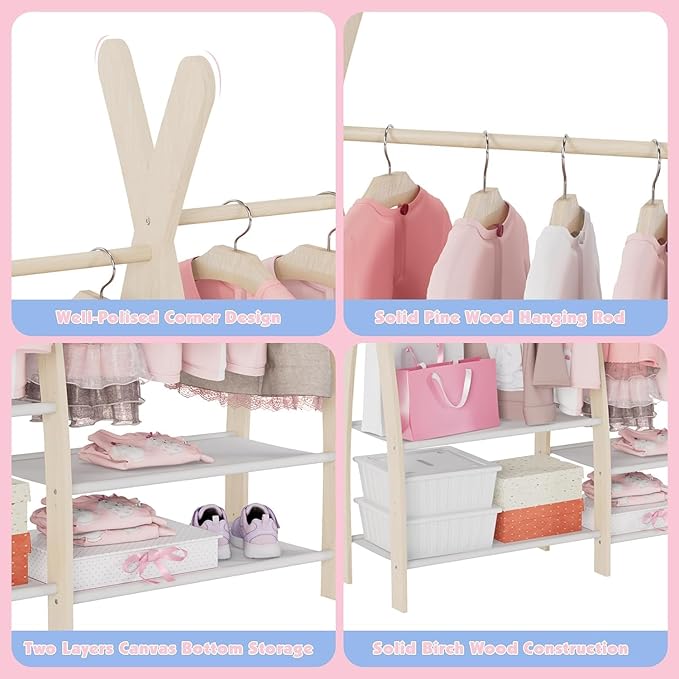 Kids Clothing Rack Dress Up Storage Closet for Girls Baby Garment Wardrobe Toddler Costume Closet with Double Hanging Rod Wood 2 Tier Bottom Storage Shelves Organizer