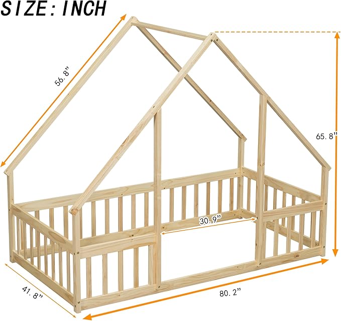 Bellemave Twin Floor Bed for Kids, Girls, Boys, Wood House Bed Frame, House Floor Bed, Twin Size Montessori Floor Bed with Fence, Playhouse, Natural