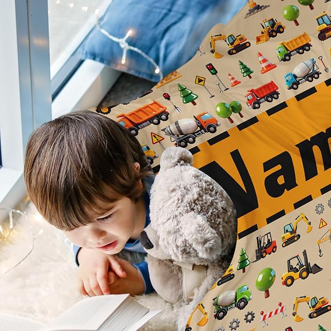 Ship Next Day, Personalized Truck Blanket - Printed in USA, Custom Name Blankets for Kids with Engineering Vehicle, Home Bedding Bed Decor, Fun Birthday Gift for Boys&Girls Women Man