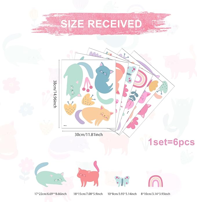Cat Wall Decals - Girl Nursery Decor, Colorful Pet Cat Butterfly Rainbow Decal,Removable Vinyl Art Murals for Living Room Baby Rooms Bedroom Toilet House Wall DIY Decoration