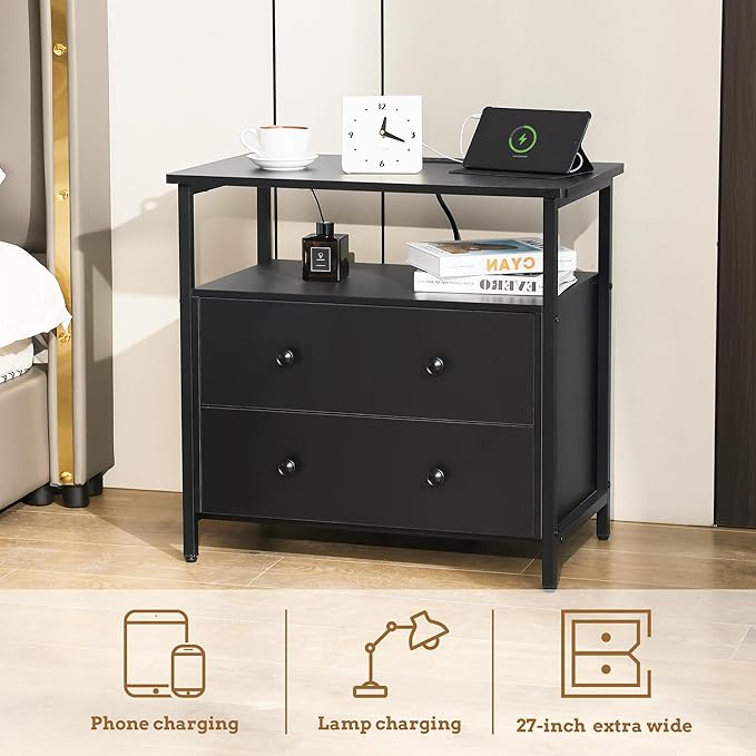 27 inch Wide Night Stand with Charging Station, Bedside Table with Open Shelf, 2 Drawers Small Wood Dresser, Modern Wood Nightstand for Bedroom/Living Room (Black)