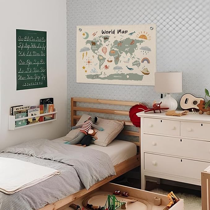 Wheatwin World Maps for Wall, Kids World Map Banner, Cute Animal World Map Educational Tapestry Wall Hanging Banner Flag Decor for Kids Room Classroom Playroom
