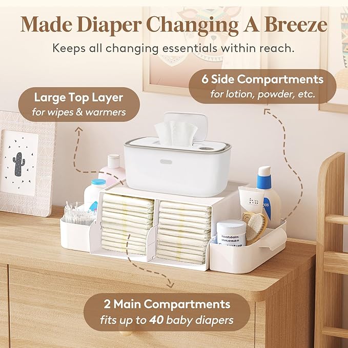 Lifewit 2Pcs Baby Diaper Caddy Organizer, Nursery Wipes Diaper Organizer for Changing Table, Storage for Diapers, Wipes, and More Baby Stuff, White