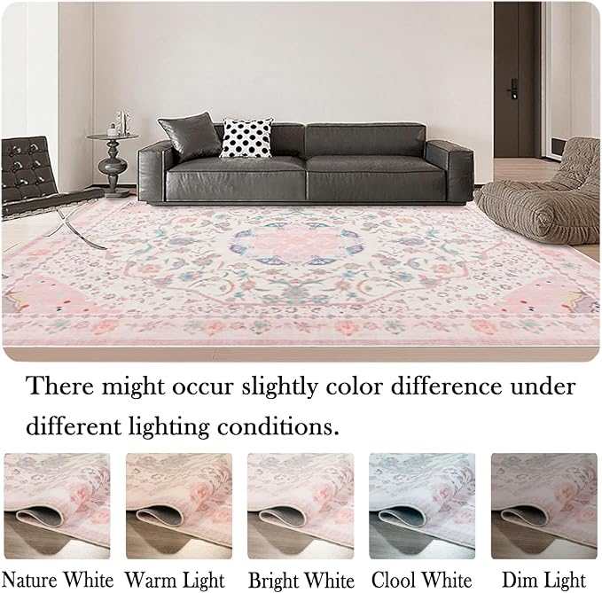Area Rug - Vintage 8x10 Non-Slip Backing Area Rugs Light Pink Soft Faux Wool Carpet Foldable & Machine Washable Rugs for Living Room Bedroom Dining Room Nursery Home Office