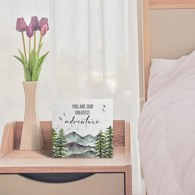Woodland Nursery Wooden Box Sign, Inspirational Desk Decor, Forest Mountain You Are Our Greatest Adventure Wood Block Box Sign Plaque for Kids Baby Boys Room Nursery Wall Shelf Decor