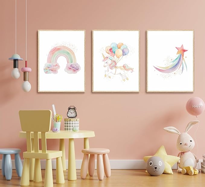 Burshley 3pcs Unicorn Wall Art Canvas Prints Watercolor Rainbow Unicorn with Colorful Balloons Star Posters Paintings Pink Wall Decor for Kids Room Nursery Decoration Unframed