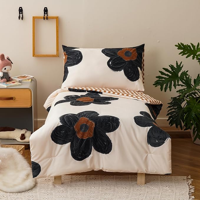 KAREVER Flower Toddler Bedding Set Botanical Print 4 Pieces Crib Bed Set Kids White Black Floral Comforter Set