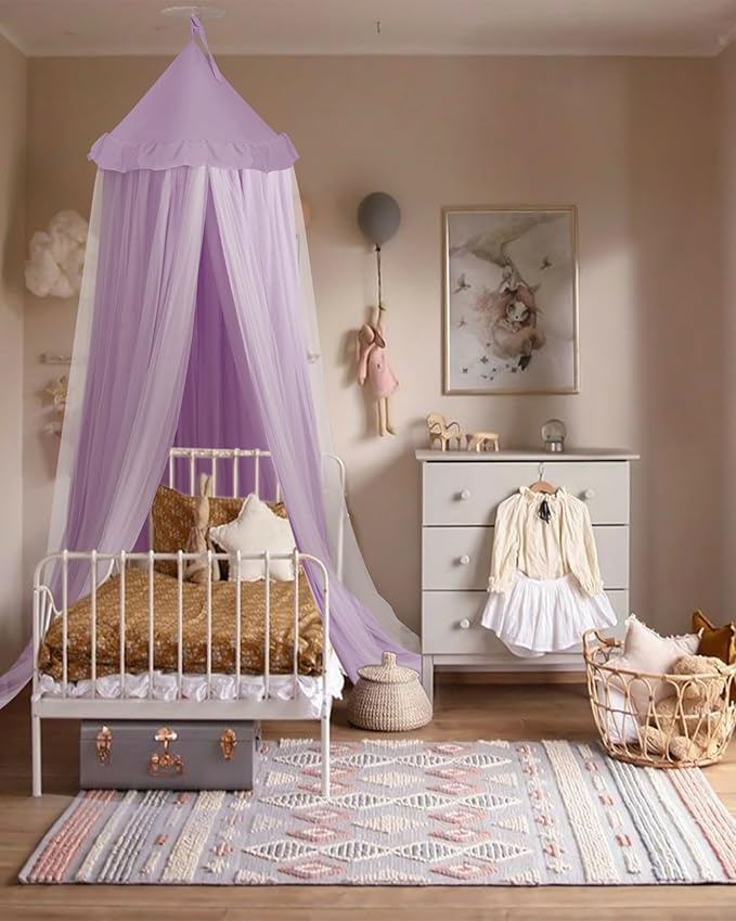 Bed Canopy with Star Lights, Double Layer Canopy for Bed, Princess Play Tent for Girls Room, Breathable Canopy Bed Curtain for Children Reading Nook, Machine Washable Canopy, 25.6''x106'', Purple