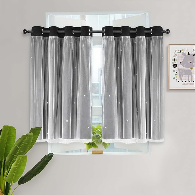 Kinryb Kids Blackout Curtains for Bedroom/Living Room/Classroom, Sheer Overlay Small 2 Panel Set, Double Layer Curtains with Star Cutout for Kids Room(W 52 x L 36 Inches,Black 2 Pcs)