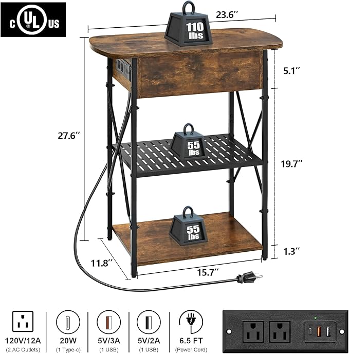 Livofloral Narrow Side Table with Charging Station, End Tables Set of 2 for Small Spaces, Flip Top End Table with Storage, End Tables Living Room, Nightstand Set 2 with Drawer for Bedroom, Brown