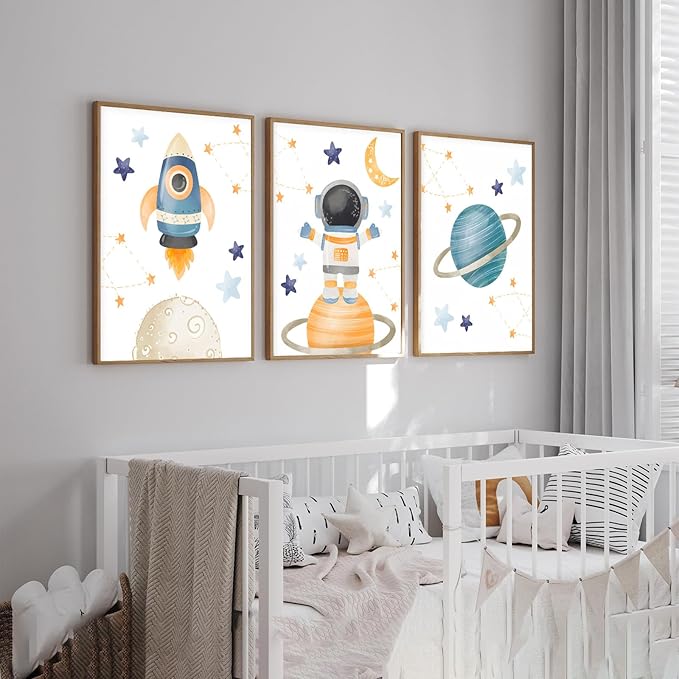 Space Wall Art Soft Pastels Space Wall Art for Boys 3 Piece Rocket Astronaut Planet Set (12x16 Inch Unframed Decor Toddler Nursery Art Whimsical Bedroom Posters)