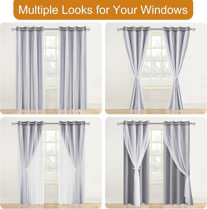 DWCN Double Layered Curtains for Living Room Blackout and Sheer Curtains with Tiebacks Grommet Top Window Curtain Panels with Sheer Overlay for Bedroom, 38 W by 63 L, Grey, 2 Pieces