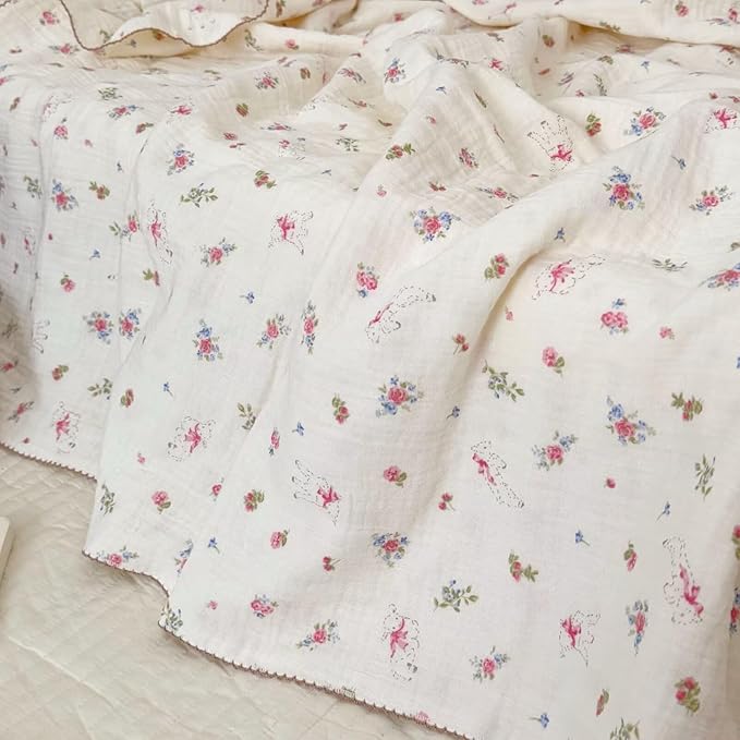 BuLuTu Muslin Cotton Baby Blanket, Cute Sheep Pink Floral Print, Large Crib Toddler Bed Blanket 47x51 Inch, Shabby Chic Style Nursery Blankets for Girls Boys, Soft Breathable
