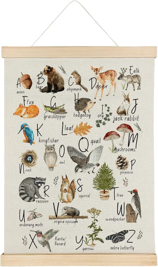 Qvapt Nursery Animals Alphabet Wood Poster Hanger 16×24,Wild Animals Nursery Art,Animal Classroom Decor,Wild Animal Alphabet Canvas Wall Art Decor For Toddler Playroom Dorm Bedroom Classroom