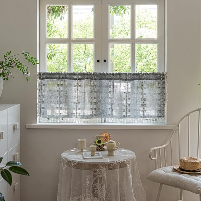 Deeprove Boho Valance Kitchen Short Curtain, Textured Striped Drape Semi Sheer Privacy Tier Embroidered Chic Window Treatment for Cafe Restaurant Closet, W52 x L18 inch Single 1 Panel Coal Grey