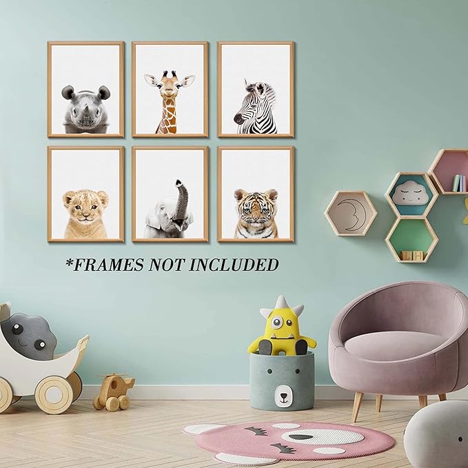 Safari Cute Animal Decor: Rhino, Giraffe, Zebra - Wall Art for Baby Bedroom (8x10, Unframed)
