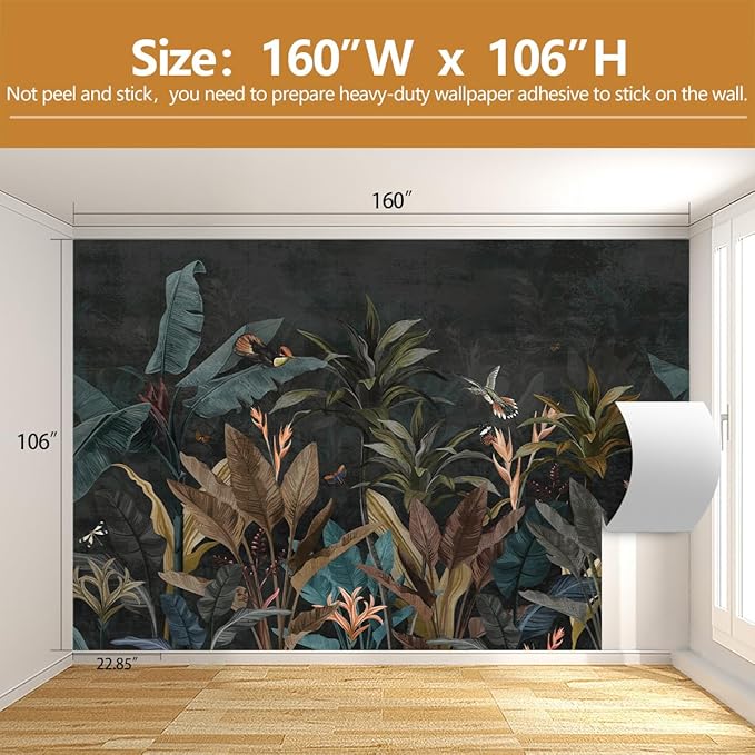 Tropical Botanical Wallpaper Dark Jungle Plant Leaf Wall Mural for Living Room Bedroom（Not Peel and Stick）
