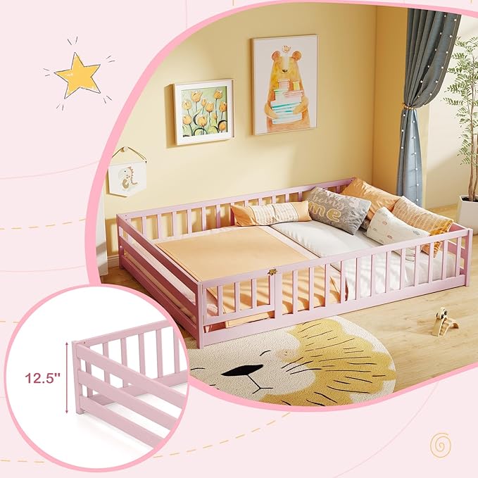KOMFOTT Full Size Wood Floor Bed with Door & Fence, Montessori Bed Frame with Full Length Safety Guardrails, Door & Latch, Wooden Montessori Floor Bed for Kids, Girls, Boys (Full,Pink)