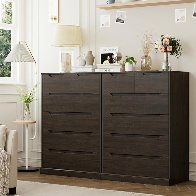 HOSTACK Modern 6 Drawer Dresser for Bedroom, Tall Chest of Drawers with Storage, Large Wood Storage Chest Organizer with Cut-Out Handle, Accent Storage Cabinet for Living Room, Hallway, Dark Brown